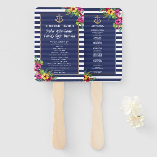 Tropisch Floral Hawaiian Navy Blue Stripes Program Handwaaier (Voorkant en achterkant)