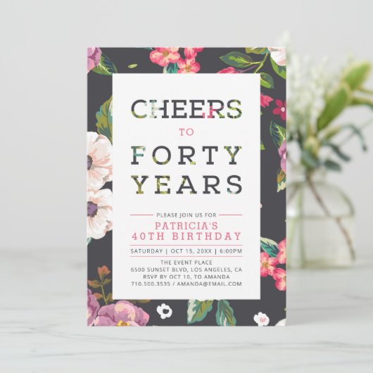 Tropisch Floral Pattern 40th Birthday Party Kaart (Staand voorkant)