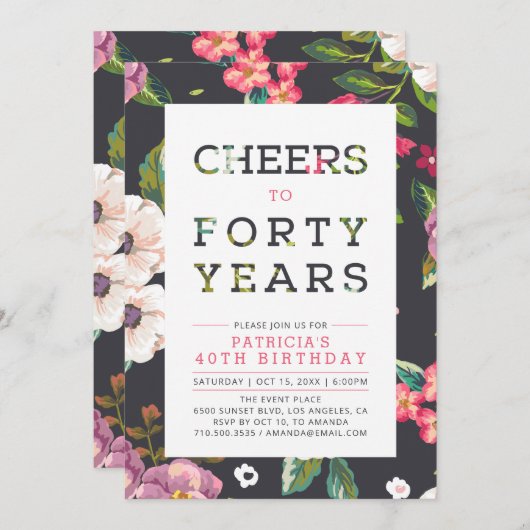Tropisch Floral Pattern 40th Birthday Party Kaart (Voorkant / Achterkant)