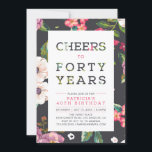 Tropisch Floral Pattern 40th Birthday Party Kaart<br><div class="desc">Laten we de 40ste verjaardag vieren met deze stijlvolle feestelijke uitnodiging. Dit ontwerp bevat moderne typografie "Cheers to 40 Years" met een prachtige tropische florale achtergrond. Meer verjaardagsuitnodigingen en partijbenodigdheden zijn beschikbaar in mijn winkel BaraBomDesign. Als je een aangepast ontwerp nodig hebt, kun je contact met me opnemen via e-mail...</div>