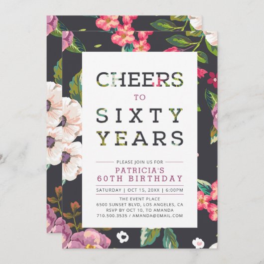 Tropisch Floral Pattern 60th Birthday Party Kaart (Voorkant / Achterkant)