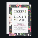 Tropisch Floral Pattern 60th Birthday Party Kaart<br><div class="desc">Laten we de 60ste verjaardag vieren met deze stijlvolle partijuitnodiging. Dit ontwerp bevat moderne typografie "Cheers to Sixty Years" met een prachtige tropische florale achtergrond. Meer verjaardagsuitnodigingen en partijbenodigdheden zijn beschikbaar in mijn winkel BaraBomDesign. Als je een aangepast ontwerp nodig hebt, kun je contact met me opnemen via e-mail barabomdesign@gmail.com...</div>