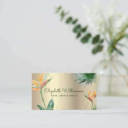 Tropisch Floral Script Gold Foil Hair Beauty Salon Visitekaartje (Staand voorkant)