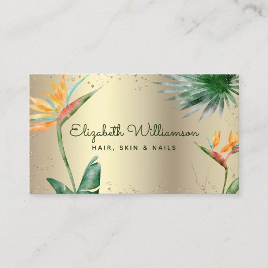 Tropisch Floral Script Gold Foil Hair Beauty Salon Visitekaartje (Voorkant)