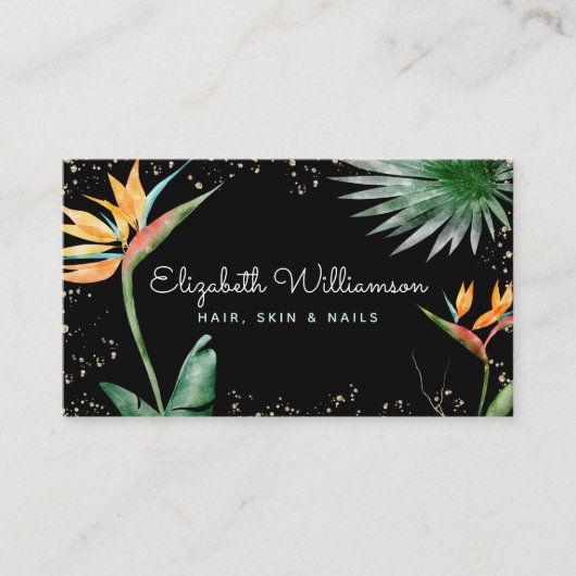Tropisch Floral Script Gold op Black Beauty Salon Visitekaartje (Voorkant)