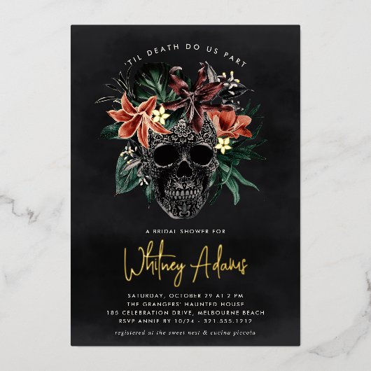 Tropisch Floral Skull Halloween Vrijgezellenfeest Folie Uitnodiging (Voorkant)