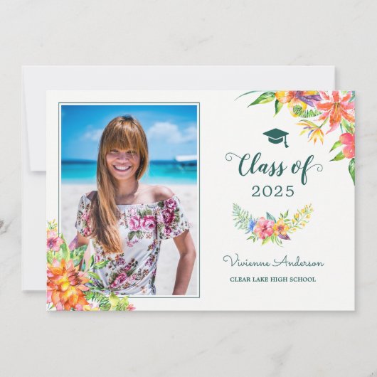 Tropisch Floral Waterverf Afstudeerder Foto Afstud Kaart (Voorkant)