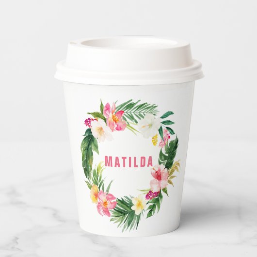 tropisch floreel roze geel flamingo stijlvol papieren bekers (Achterkant)