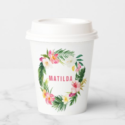 tropisch floreel roze geel flamingo stijlvol papieren bekers (Voorkant)