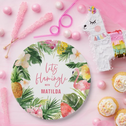 tropisch floreel roze geel flamingo stijlvol papieren bordje (Feest)