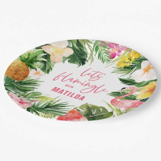 tropisch floreel roze geel flamingo stijlvol papieren bordje (Gekanteld)