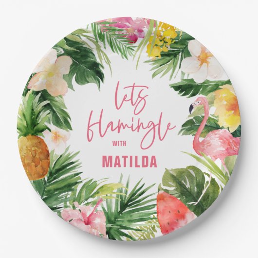 tropisch floreel roze geel flamingo stijlvol papieren bordje (Voorkant)