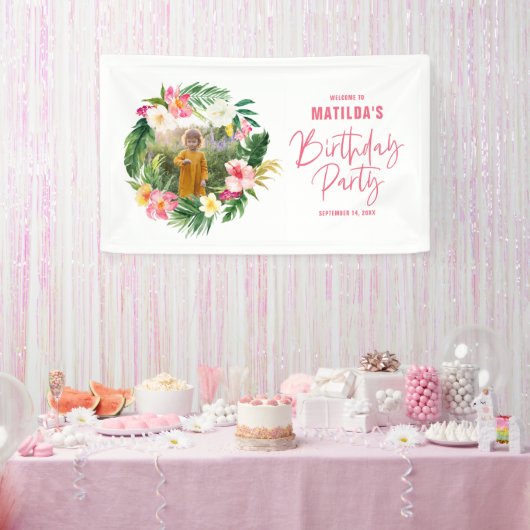 tropisch floreel roze geel flamingo stijlvol spandoek (Feest)