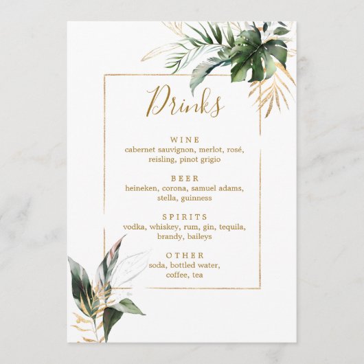 Tropisch Foliage Gold & Groene Bruiloft Bar Drinke Menu (Voorkant)
