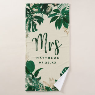 Tropisch Foliage Trendy Groen Bruiloft Mrs Badhanddoek