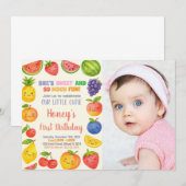 Tropisch Fruit 1e Verjaardag Uitnodiging met foto (Voorkant / Achterkant)