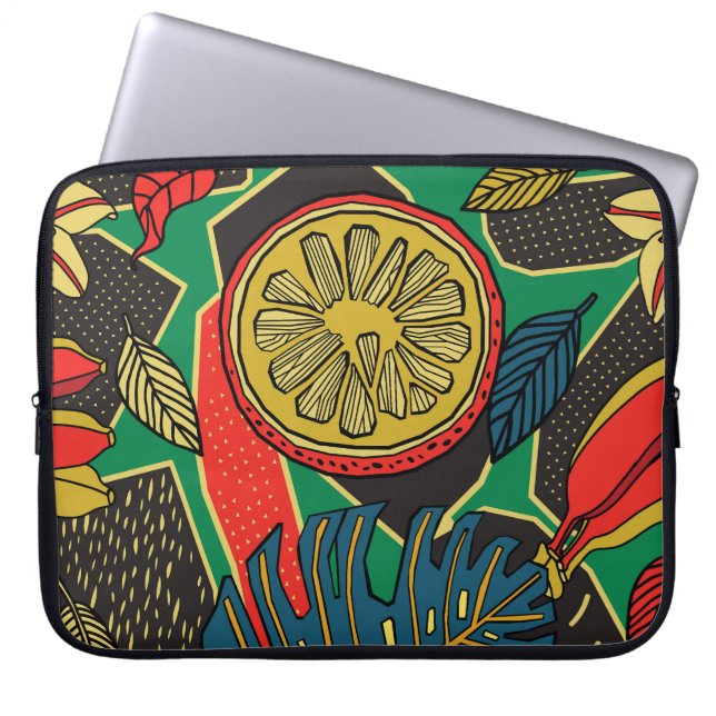 Tropisch fruit, bladeren, doedel bloemenpatroon. laptop sleeve (Voorkant)