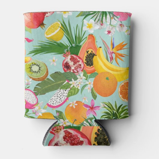 Tropisch fruit, bloemen:  achtergrond. blikjeskoeler (Voorkant)