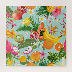 Tropisch fruit, bloemen: achtergrond. legpuzzel