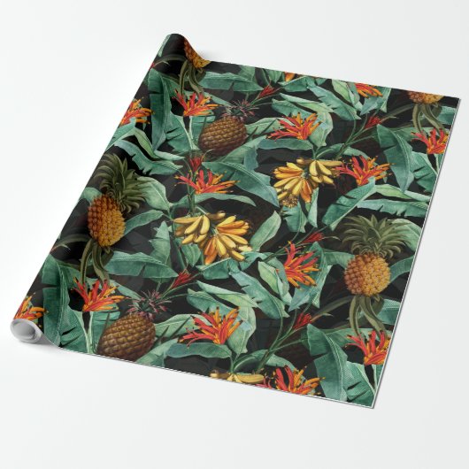 Tropisch fruit en bloemen oerwoud op zwart cadeaupapier (Uitgerold)