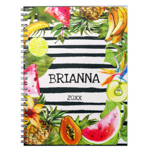 Tropisch fruit en bloemen op zwarte strepen notitieboek