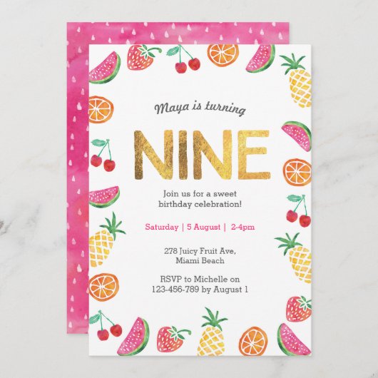Tropisch Fruit Goud 9e Verjaardag Uitnodiging (Voorkant / Achterkant)