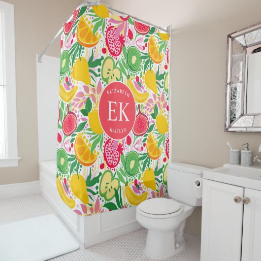 Tropisch fruit Monogram Waterverf Zomerpatroon Douchegordijn (In situ)
