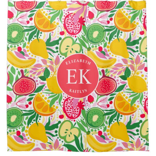 Tropisch fruit Monogram Waterverf Zomerpatroon Douchegordijn (Voorkant)
