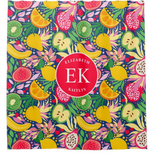 Tropisch fruit Monogram Waterverf Zomerpatroon Douchegordijn (Voorkant)