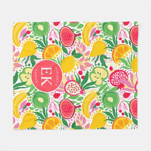 Tropisch fruit Monogram Waterverf Zomerpatroon Fleece Deken (Voorkant (Horizontaal))