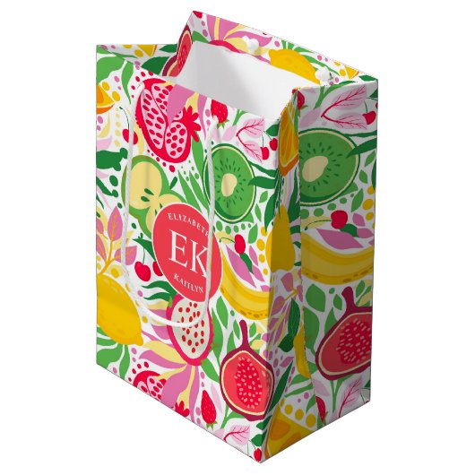 Tropisch fruit Monogram Waterverf Zomerpatroon Medium Cadeauzakje (Voorkant Gekanteld)
