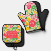 Tropisch fruit Monogram Waterverf Zomerpatroon Ovenwant & Pannenlap Set (Voorkant / Achterkant)