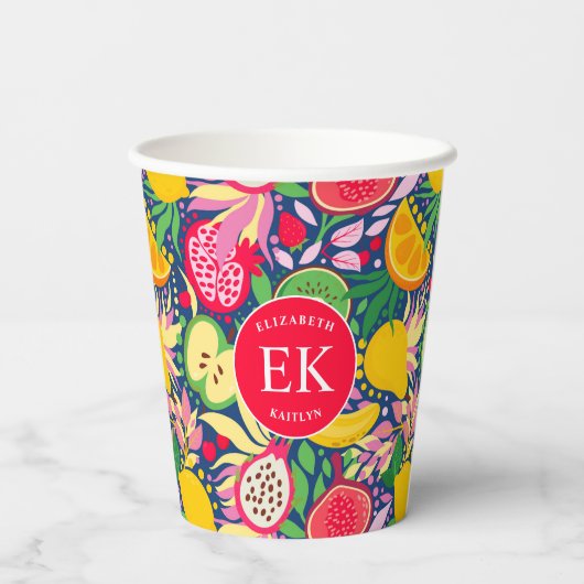 Tropisch fruit Monogram Waterverf Zomerpatroon Papieren Bekers (Achterkant)