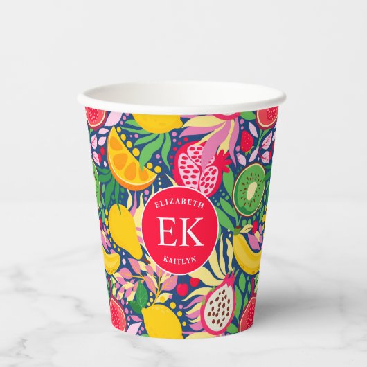 Tropisch fruit Monogram Waterverf Zomerpatroon Papieren Bekers (Voorkant)