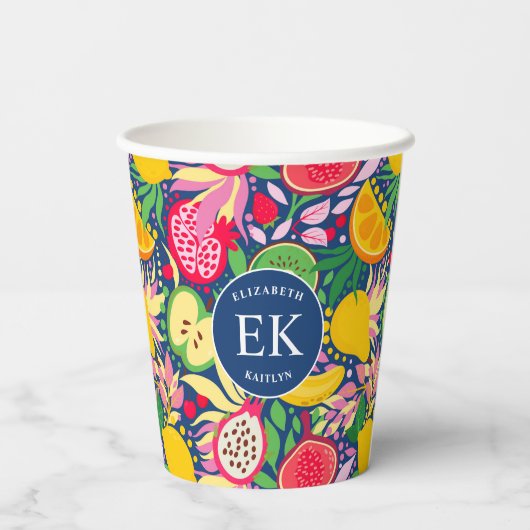 Tropisch fruit Monogram Waterverf Zomerpatroon Papieren Bekers (Achterkant)