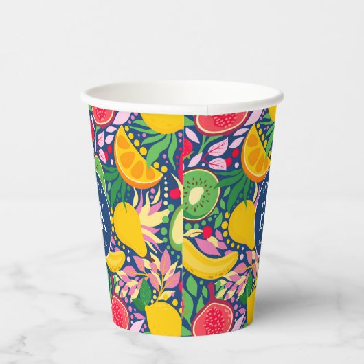 Tropisch fruit Monogram Waterverf Zomerpatroon Papieren Bekers (Rechts)