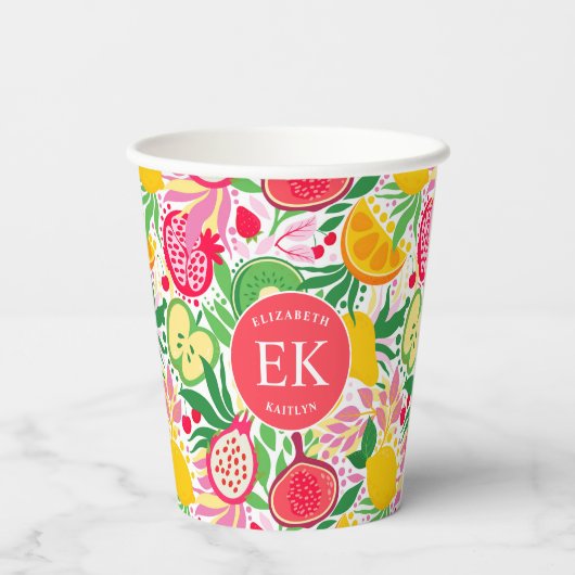Tropisch fruit Monogram Waterverf Zomerpatroon Papieren Bekers (Achterkant)
