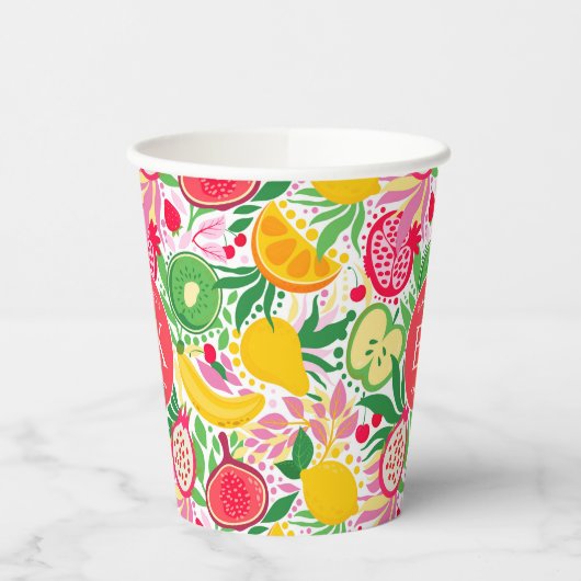Tropisch fruit Monogram Waterverf Zomerpatroon Papieren Bekers (Links)
