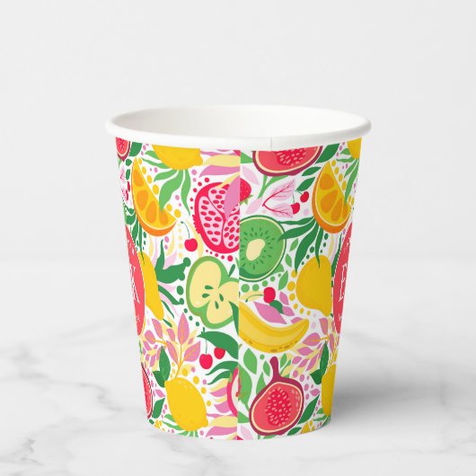 Tropisch fruit Monogram Waterverf Zomerpatroon Papieren Bekers (Rechts)