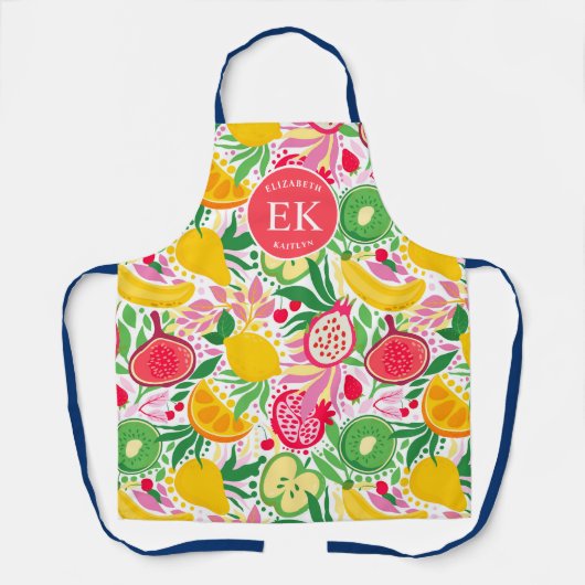 Tropisch fruit Monogram Waterverf Zomerpatroon Schort (Voorkant)