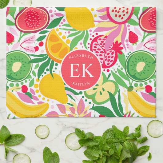 Tropisch fruit Monogram Waterverf Zomerpatroon Theedoek (Gevouwen)