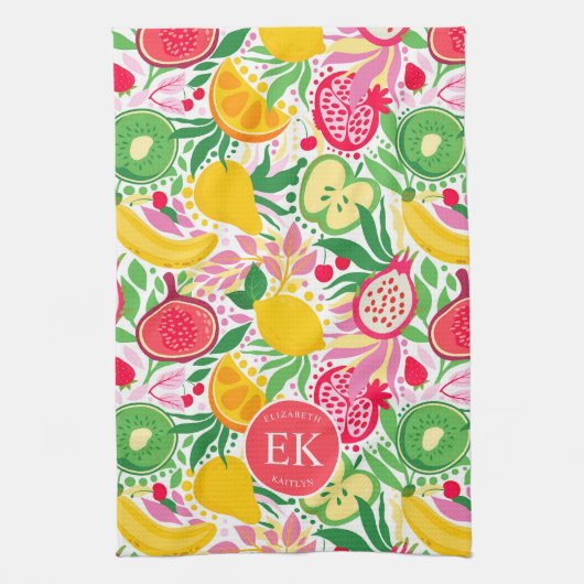 Tropisch fruit Monogram Waterverf Zomerpatroon Theedoek (Verticaal)