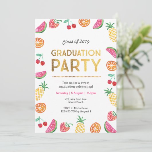 Tropisch Fruitig Kinder Afstudeerfeest Uitnodiging (Staand voorkant)