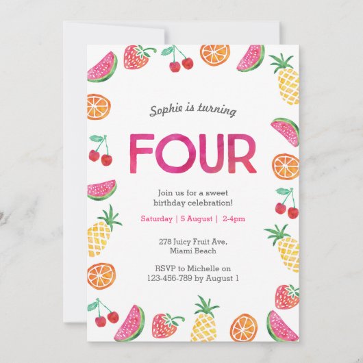Tropisch fruitig Roze 4e Verjaardag Uitnodiging (Voorkant)