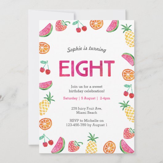 Tropisch fruitig Roze 8e Verjaardag Uitnodiging (Voorkant)