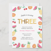 Tropisch fruitig Roze Goud 3e Verjaardag uitnodigi Kaart (Voorkant)