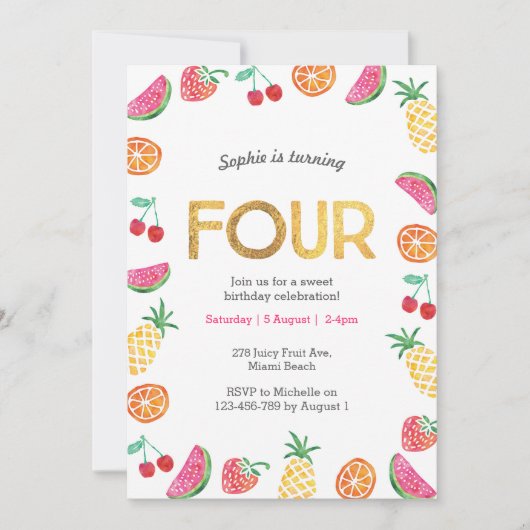 Tropisch fruitig Roze Goud 4e Verjaardag Uitnodigi Kaart (Voorkant)