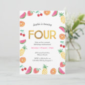 Tropisch fruitig Roze Goud 4e Verjaardag Uitnodigi Kaart (Staand voorkant)