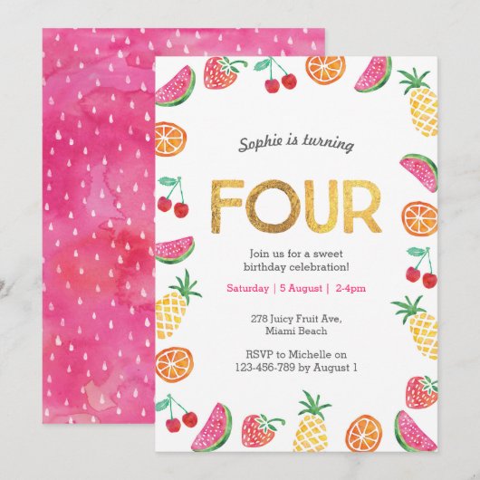 Tropisch fruitig Roze Goud 4e Verjaardag Uitnodigi Kaart (Voorkant / Achterkant)