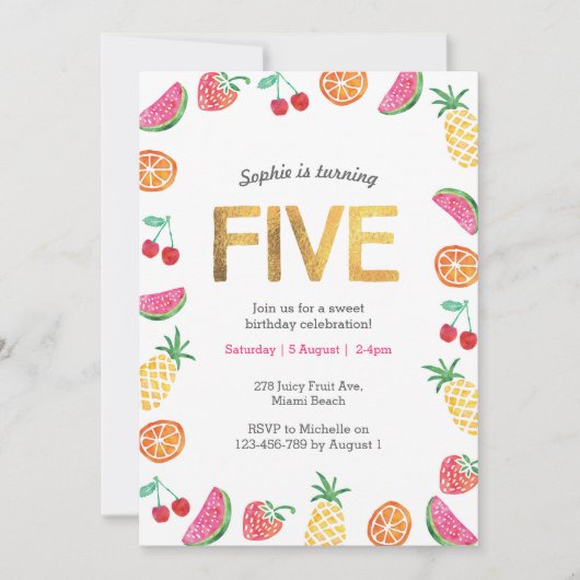Tropisch fruitig Roze Goud 5e Verjaardag Uitnodigi Kaart (Voorkant)